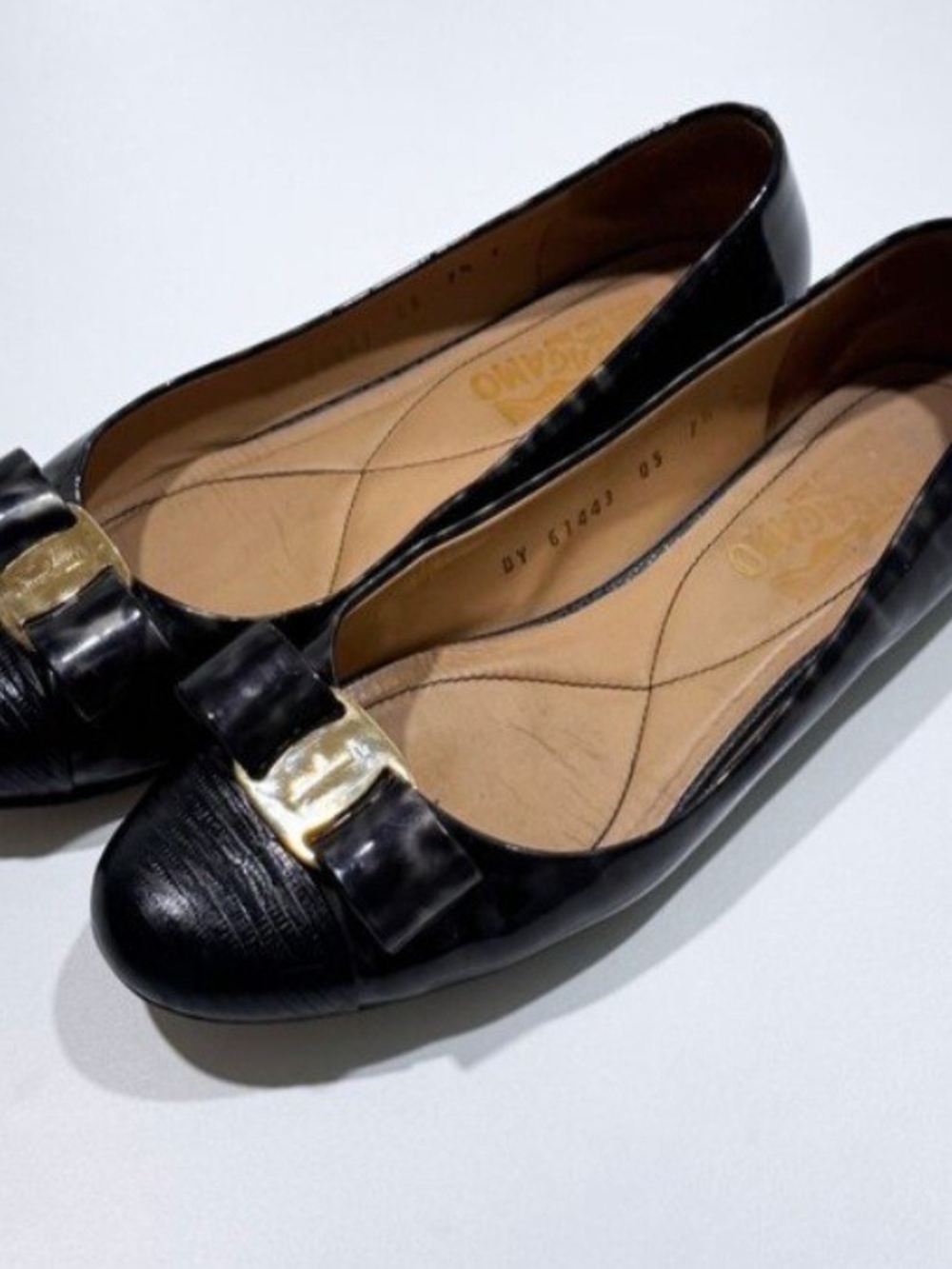 Salvatore Ferragamk Black Leather Ballet Flats with Gold Accent